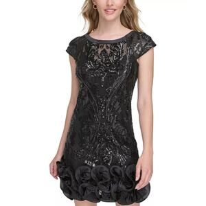 NEW Guess Black Sequin Cocktail Dress Size 4 Rosette Ruffle Mini Formal Hoco NWT